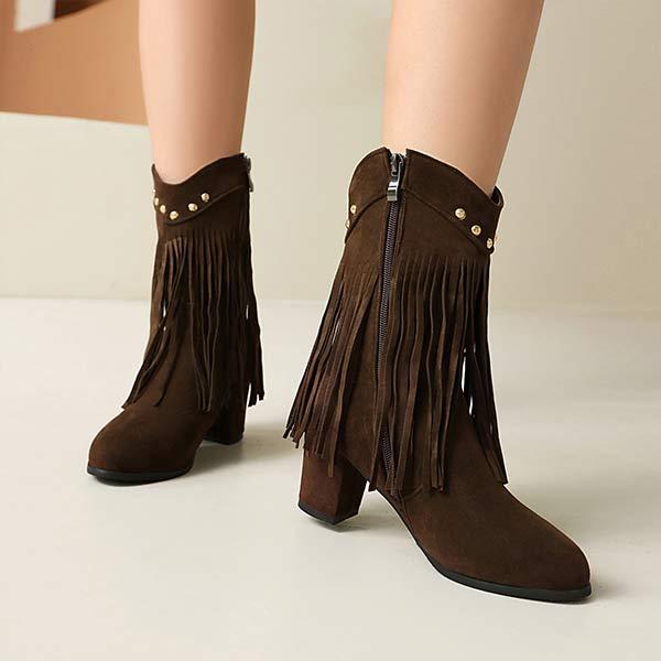 Women's High-Heeled Suede Studded Fringe Boots 89948733C