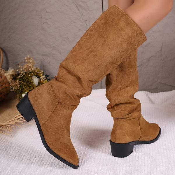 Women's Suede Solid Color Ruched Knee-High Boots 33738376C