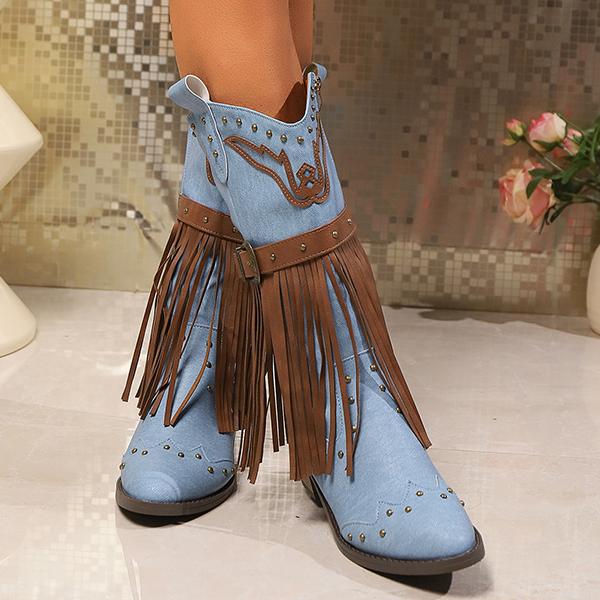 Women's Vintage Rivet Buckle Tassel Boots 14143739S