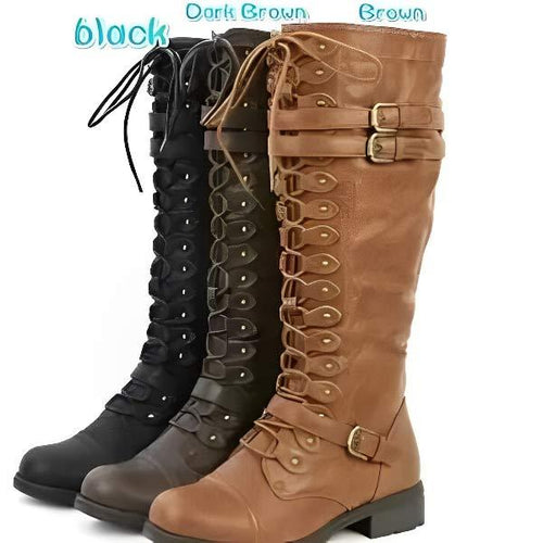 Women's High-Cut Lace-Up Riding Boots with Buckle and Studded Details 92176439C