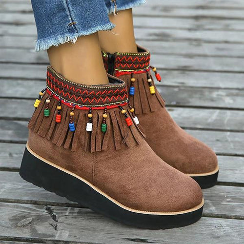 Women's Casual Ethnic Side Zipper Tassel Wedge Short Boots 32252938S