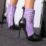 Women's Pointed-Toe Stiletto Super High-Heel Color-Block Ankle Boots with Side Zipper 24008823C