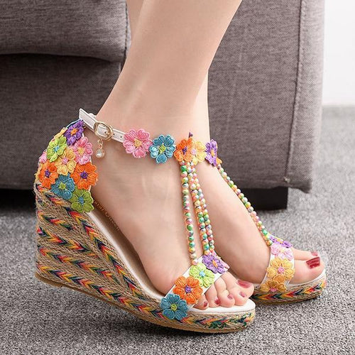 Women's Rainbow Lace Beaded Wedge Sandals 29257354S