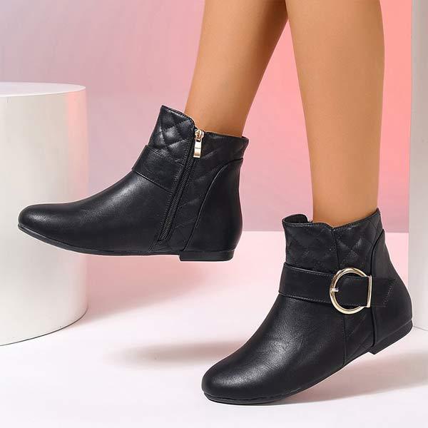 Women's Flat Ankle Boots with Side Zipper and Metal Buckle Strap 90758357C