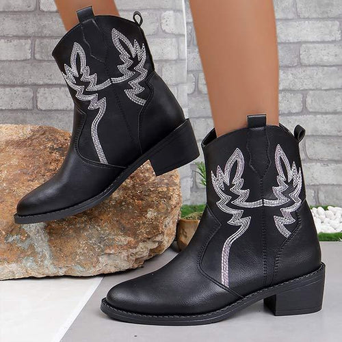 Women's Pointed-Toe Embroidered Chunky Heel Western Boots 18040761C