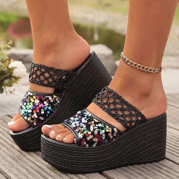 Women's Thick-Soled Sequined Wedge-Heeled Slippers 21753203C