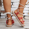 Women's Round Toe Linen Woven Flat Sandals with Color Block Straps 67351526C