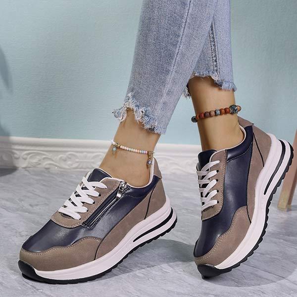 Women's Round Toe Lace-Up Color Block Sneakers 39646912C