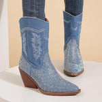 Women's Rhinestone Pointed Toe Retro Mid-calf Boots 89457873C