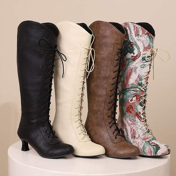 Women's Vintage Mid-Heel Lace-Up Knee-High Boots 23411818C