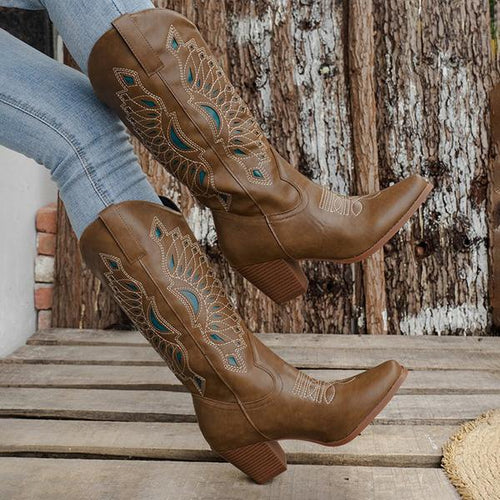 Women's Retro Embroidered Carved Chunky Heel Boots 44528449S