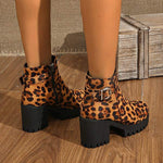 Women's Round Toe Thick Sole High Heel Leopard Print Combat Boots 04891976C