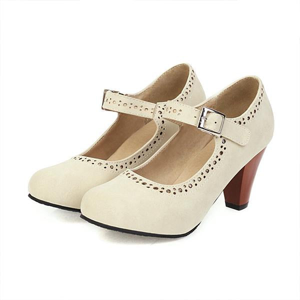Women's Retro Buckle Shallow Mouth Chunky Heels 80641262C
