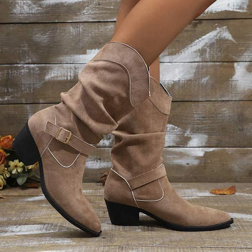 Women's Thick Heel Pile Boots Western Cowboy Boots 39820852C