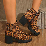 Women's Round Toe Thick Sole High Heel Leopard Print Combat Boots 04891976C