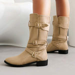 Women's Low Heel Buckle Strap Suede Mid-Calf Boots 94772247C