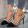 Women's Fashionable Houndstooth Pearl Stiletto Heel Pumps 19311045S