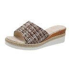 Women's Wedge Plaid Straw Open Toe Sandals 43833932C
