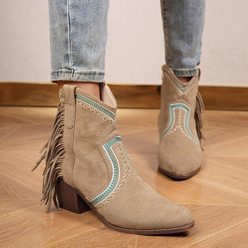 Women's Stylish Contrast Color Tassel Western Ankle Boots 88506597S