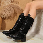 Women's PU Patchwork Denim Lace-Up Knee-High Boots 79900021C