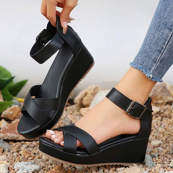 Women's Wedge Heel Peep-Toe Slingback Sandals with Buckle 81223579C