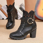 Women's Lace-Up Belt Buckle Block Heel Ankle Boots 02233782C