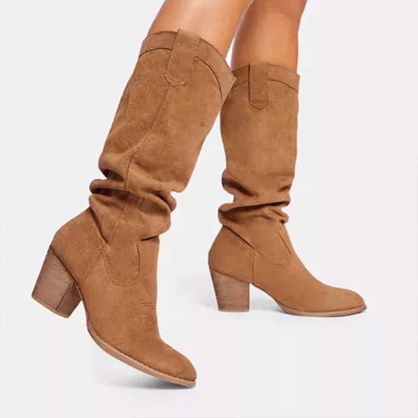 Women's Round Toe Chunky Heel High-Calf Riding Boots in Suede 35511504C