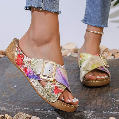 Women's Floral Print Wedge Heel Casual Slide Sandals 55008853C