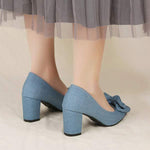 Women's Denim Bow Chunky Heel Shallow Mouth Fashion Shoes 68090884C
