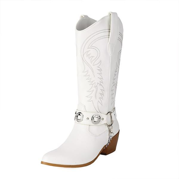 Women's Fashion Metal Buckle Chunky Heel Cowboy Boots 00949097S