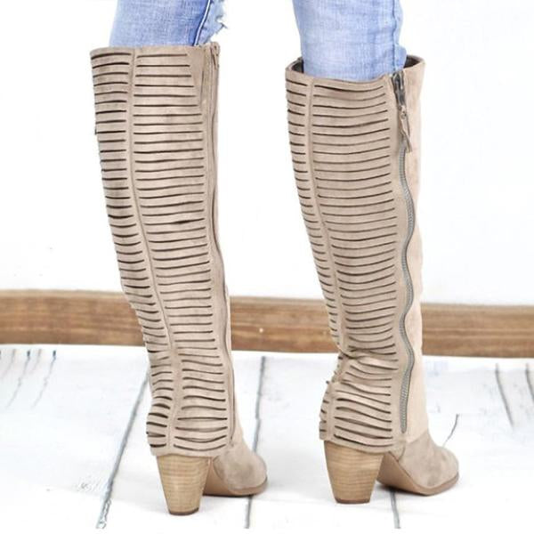 Women's Vintage Stripe Zipper Chunky Heel Boots 82145577S