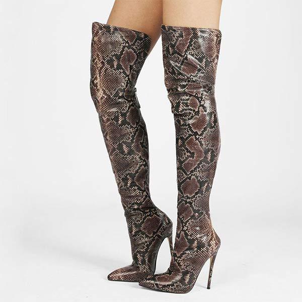 Women's Snake-Print Over-the-Knee Stiletto Boots with Back Zipper 96080466C