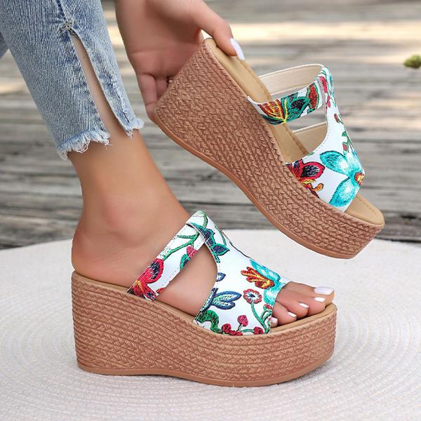 Women's Retro Thick-soled Wedge-heeled Printed Slippers 44837602S