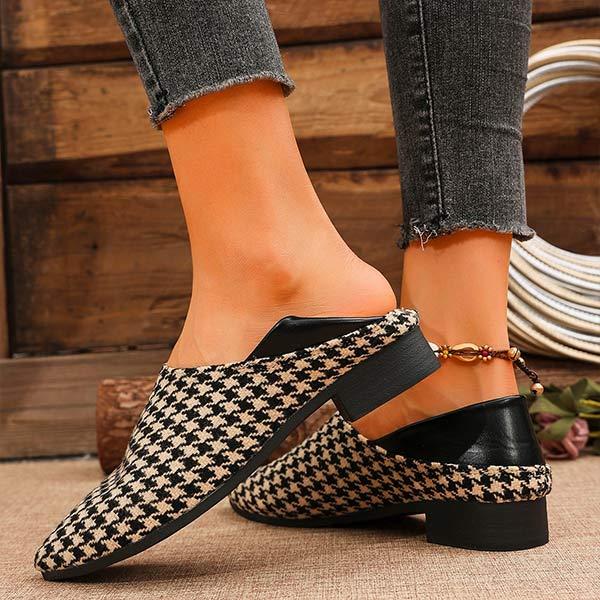 Women's Pointed Toe Houndstooth Low Heel Slip-On Two-Way Flats 72943296C