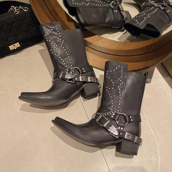 Women's Fashion Rivet Chunky Heel High Western Boots 18881825S