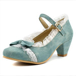 Women's Elegant Lace Bow Buckle Thick Heels Pumps 86201883S