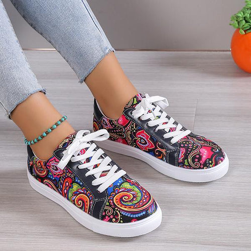 Women's Casual Fashion Printed Lace-Up Canvas Flats 46989564S