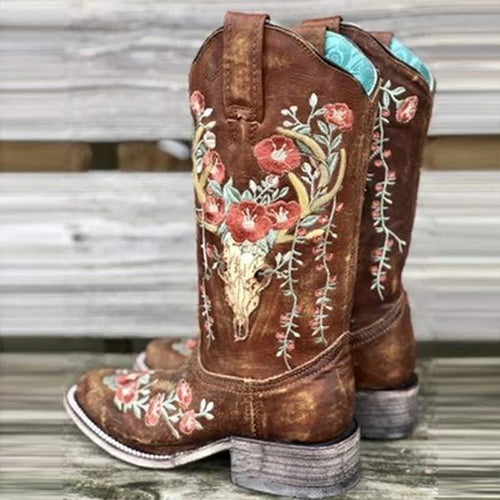 Women's Chunky Heel Printed Embroidered Riding Boots 87538030C