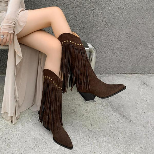 Women's Retro V-Neck Tassel Chunky Heel Western Boots 51725272S