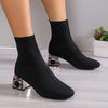 Women's Rhinestone Thick Heel Fly Knit Low Elastic Boots 71330028C