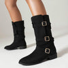 Women's Low Heel Buckle Strap Suede Mid-Calf Boots 94772247C