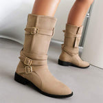 Women's Low Heel Buckle Strap Suede Mid-Calf Boots 94772247C