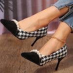 Women's Fashionable Houndstooth Pearl Stiletto Heel Pumps 19311045S