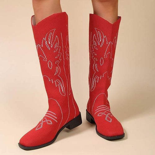 Women's Vintage Embroidered Mid-Heel Knee-High Riding Boots 69568789C