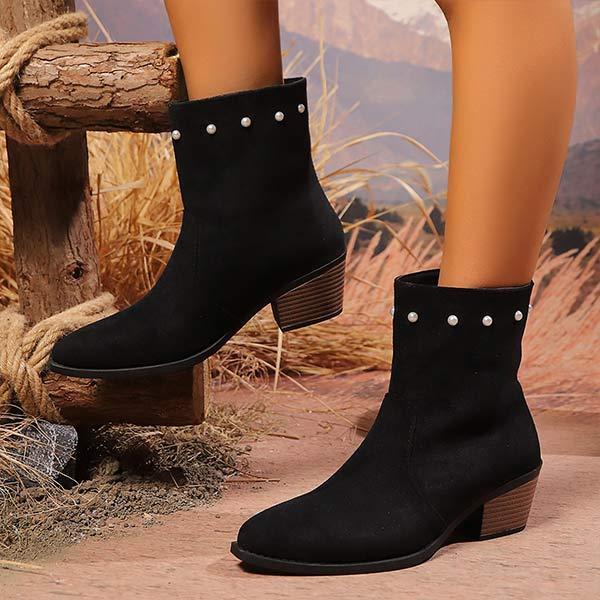 Women's Pointed Toe Low-Heel Studded Slip-On Ankle Boots 00665949C