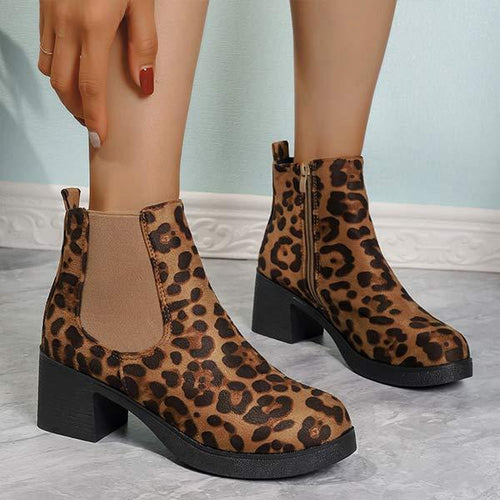 Women's Leopard Print Round Toe Block Heel Ankle Boots 17569337C