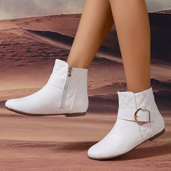 Women's Flat Ankle Boots with Side Zipper and Metal Buckle Strap 90758357C