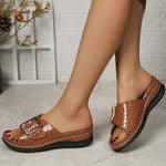 Women's Casual Plaid Round Toe Wedge Slide Sandals with Square Buckle 78224837C