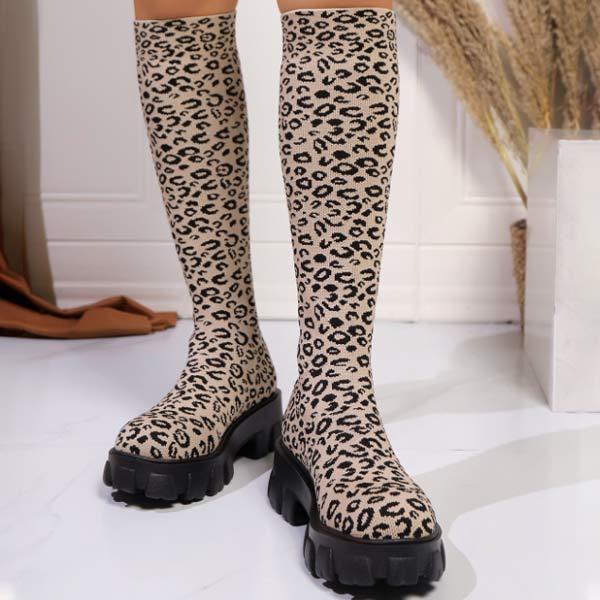 Women's Block Heel Leopard Print Knee-High Sock Boots 04685952C