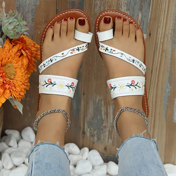 Women's Floral Embroidered Toe Ring Flat Sandals 75753937C
